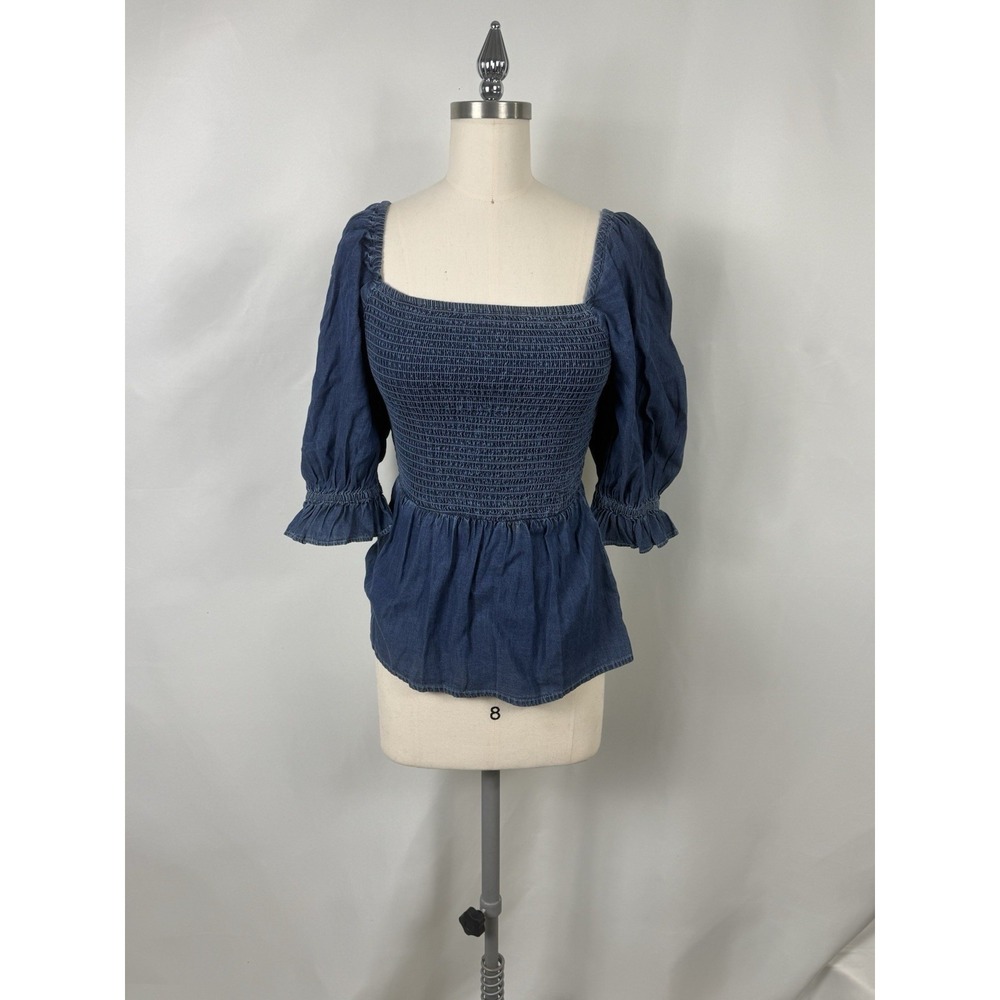 New York And Company Medium Denim Blue Smocked Cottage Core Long Sleeve Blouse